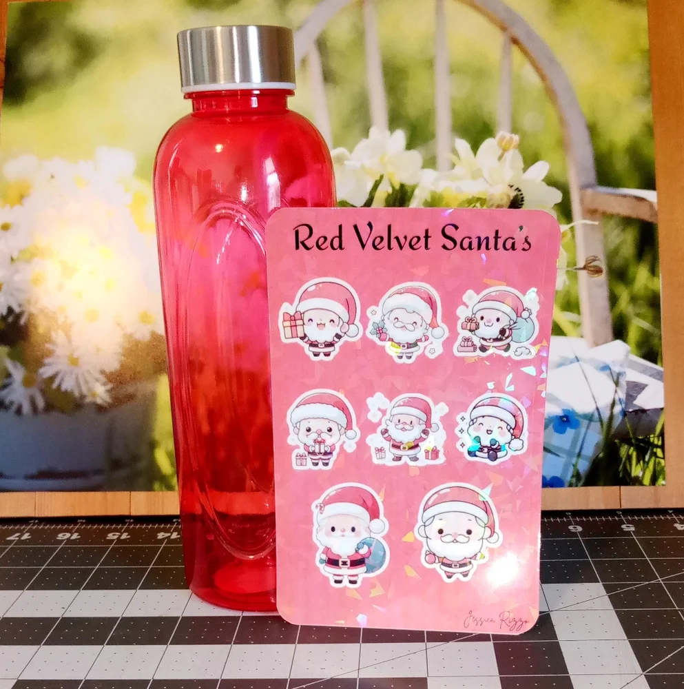 Red Velvet Santa's Sticker Set With Pink Water Bottle 25 Oz - Picture 3 of 5